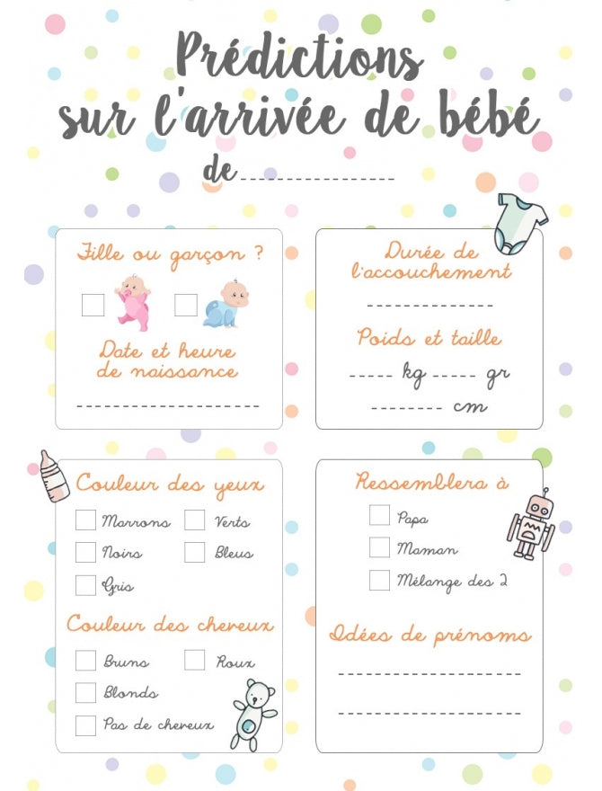 Carte de Jeu Prédictions sur l'Arrivée de Bébé - Baby Shower