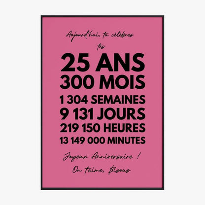 Affiche Personnalisée Anniversaire 25 Ans - Célébrez un Quart de Siècle de Vie ! 🎉