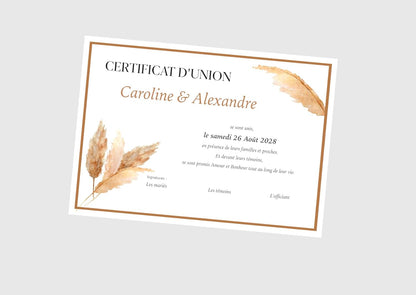 Certificat d'Union ou de Mariage -