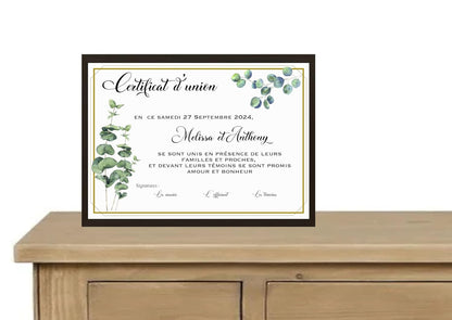 Certificat d'Union ou de Mariage -