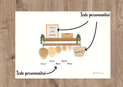 Affiche Personnalisée "Famille - Porte Manteau Entrée - Feuille de Palmier" 🌿👨‍👩‍👧‍👦