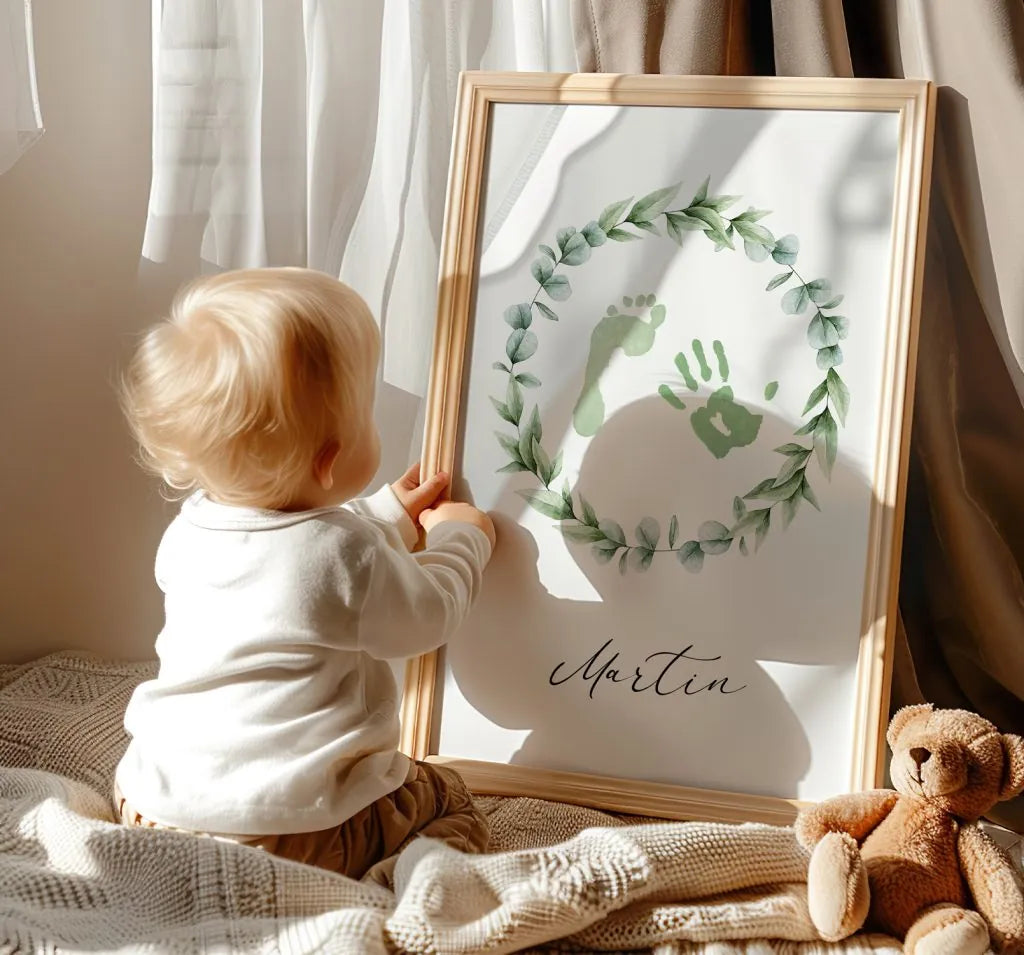 Affiche Empreintes Bébé Prénom Couronne de Feuilles