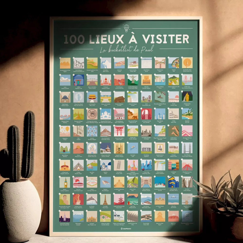 🌍 Offrez l'Affiche "100 Lieux à Visiter dans sa Vie" Personnalisée ! 🌍