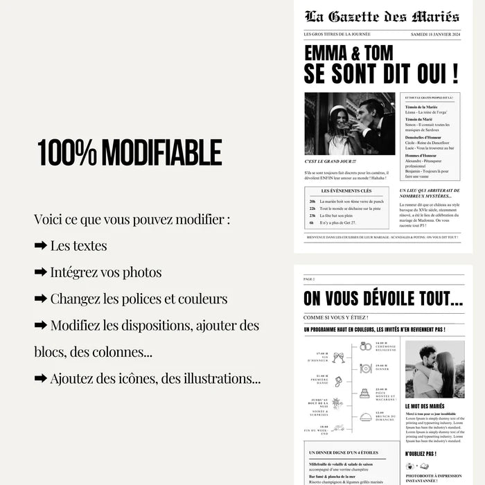 Gazette des mariés | 2 pages | Modèle à personnaliser