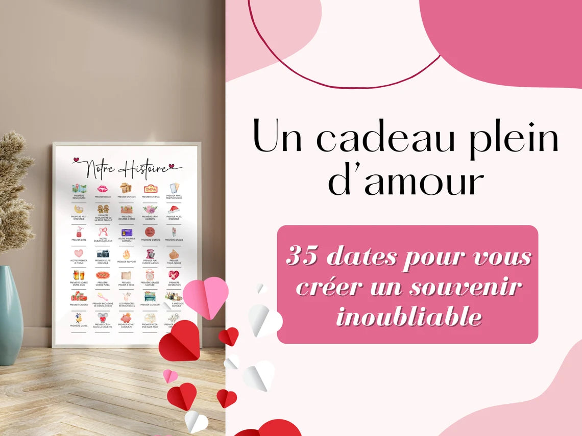 Affiche Couple "Notre Histoire en 35 Dates" – Le Cadeau Idéal pour la Saint-Valentin et les Moments Spéciaux 💖