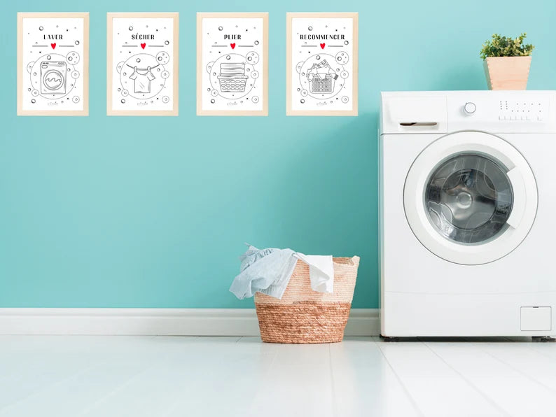 Lot de 2 Affiches Entretien du Linge | Guide des Symboles Buanderie | Décoration Pratique pour Buanderie