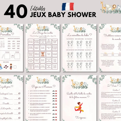 Jeux Baby Shower Safari V2 Éditables à Imprimer - 40 Jeux Fête Prénatale - Pack Activités Baby Shower en Français