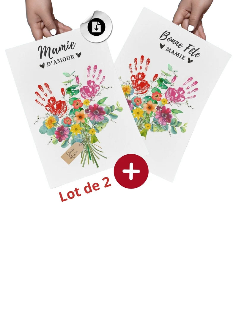 Affiches "Bonne Fête Mamie - Fleurs et Empreintes" (LOT DE 2) 🌸🖐️