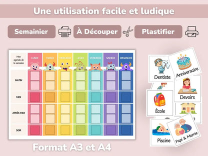 Semainier Enfant 100% Numérique - Affiche A3/A4 & 24 Thèmes d'Étiquettes