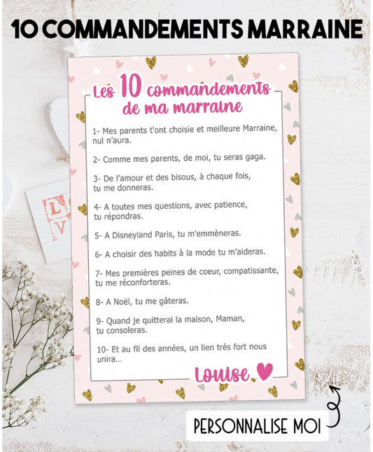 Affiche Numérique Personnalisée "Les 10 Commandements de la Marraine"