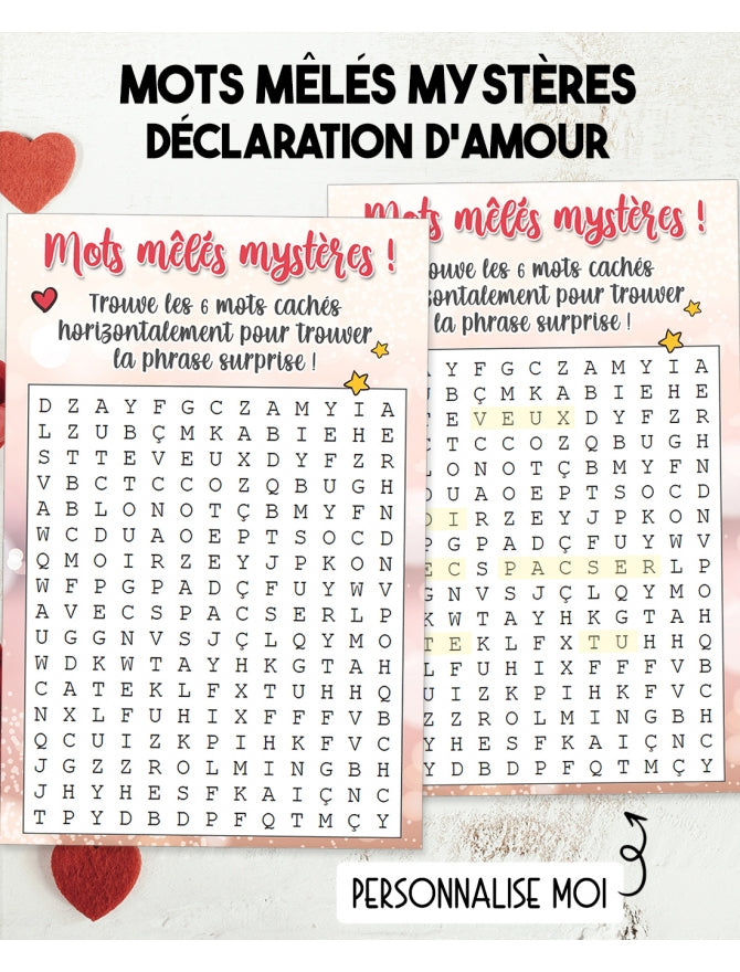 Mots mêlés mystères "amour" pour annonce ou demande originale