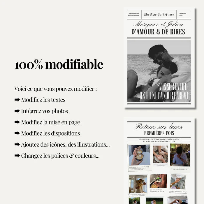 Journal personnalisé Couple | Magazine personnalisé couple, 4 pages | Modèle Canva à personnaliser